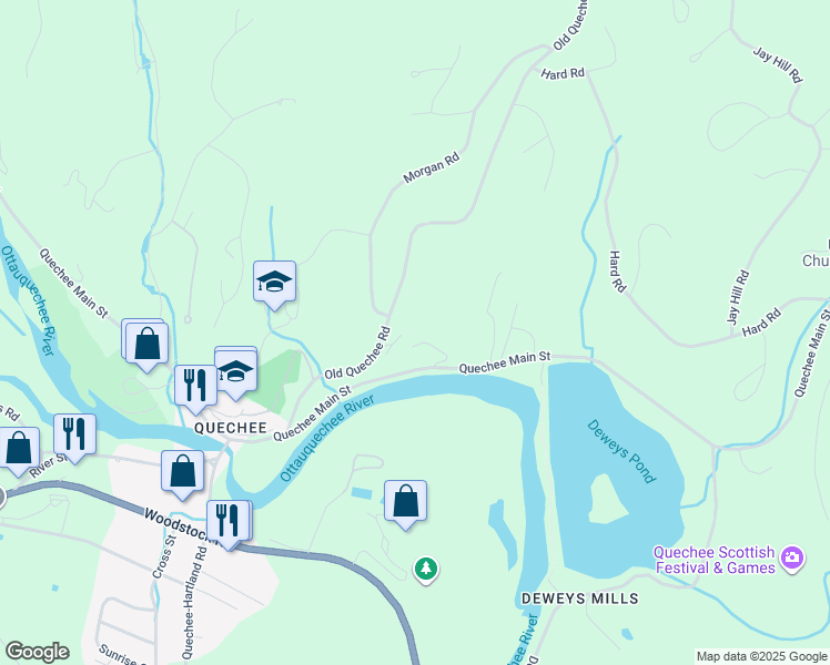 map of restaurants, bars, coffee shops, grocery stores, and more near 1299 Quechee Main Street in Hartford