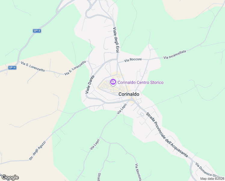 map of restaurants, bars, coffee shops, grocery stores, and more near 11 Via del Corso in Corinaldo