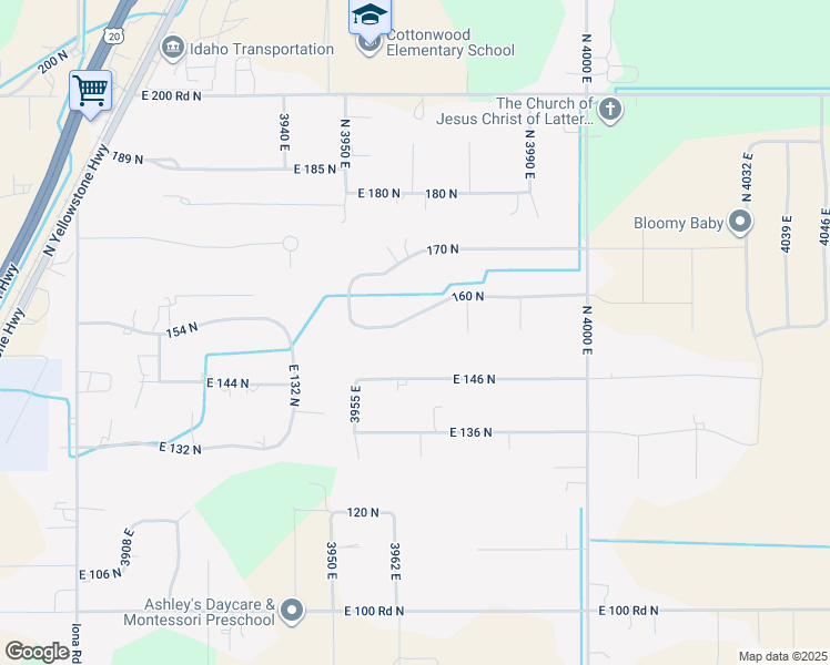map of restaurants, bars, coffee shops, grocery stores, and more near 3964 East 160 North in Rigby