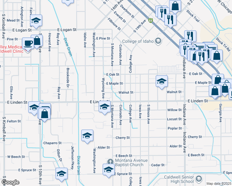 map of restaurants, bars, coffee shops, grocery stores, and more near 2410 Colorado Avenue in Caldwell