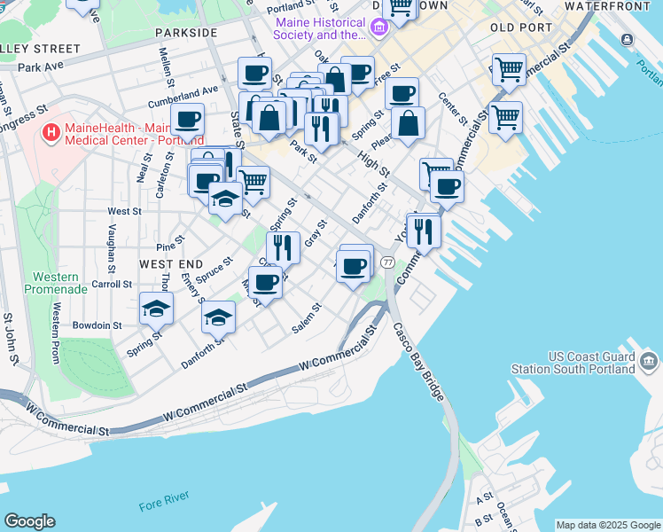 map of restaurants, bars, coffee shops, grocery stores, and more near 188 Danforth Street in Portland