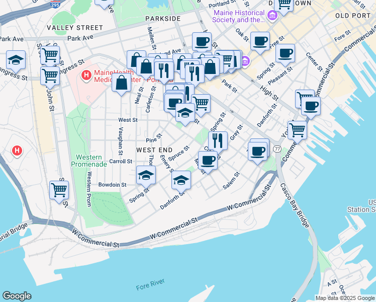 map of restaurants, bars, coffee shops, grocery stores, and more near 271 Spring Street in Portland