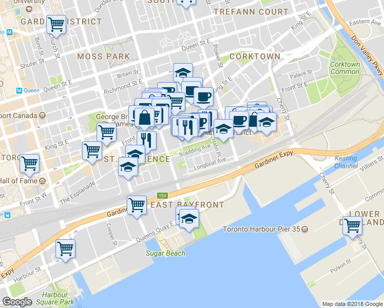 map of restaurants, bars, coffee shops, grocery stores, and more near in Toronto