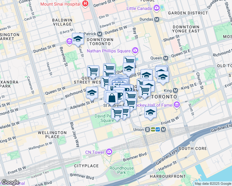 map of restaurants, bars, coffee shops, grocery stores, and more near 181 University Avenue in Toronto