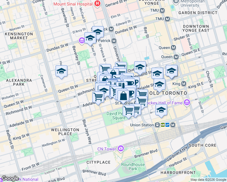 map of restaurants, bars, coffee shops, grocery stores, and more near 21 Nelson Street in Toronto
