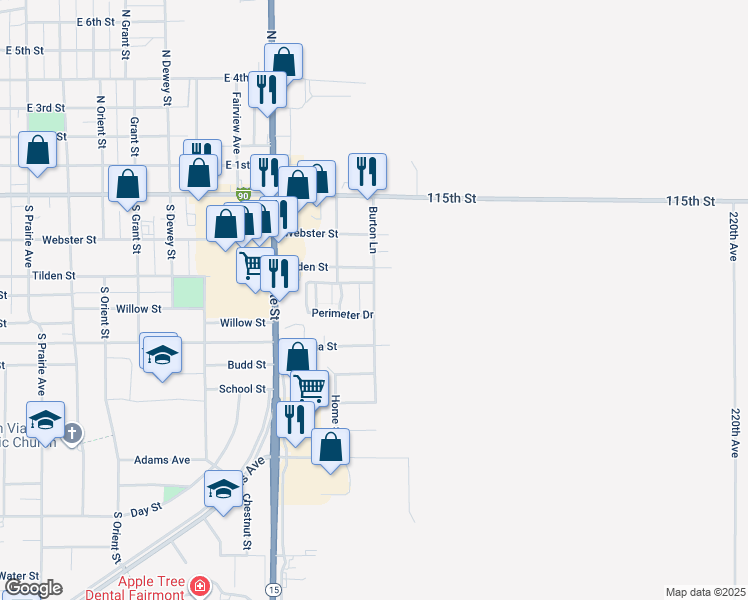 map of restaurants, bars, coffee shops, grocery stores, and more near 571 Burton Lane in Fairmont