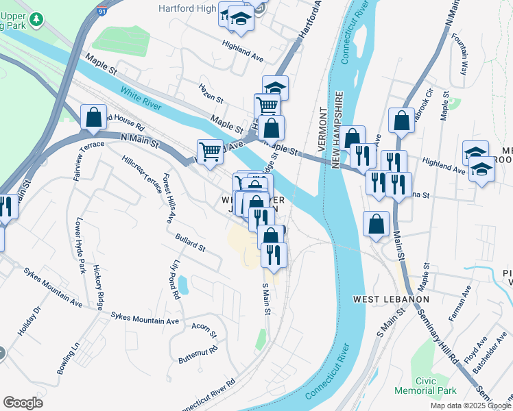 map of restaurants, bars, coffee shops, grocery stores, and more near 27 North Main Street in Hartford