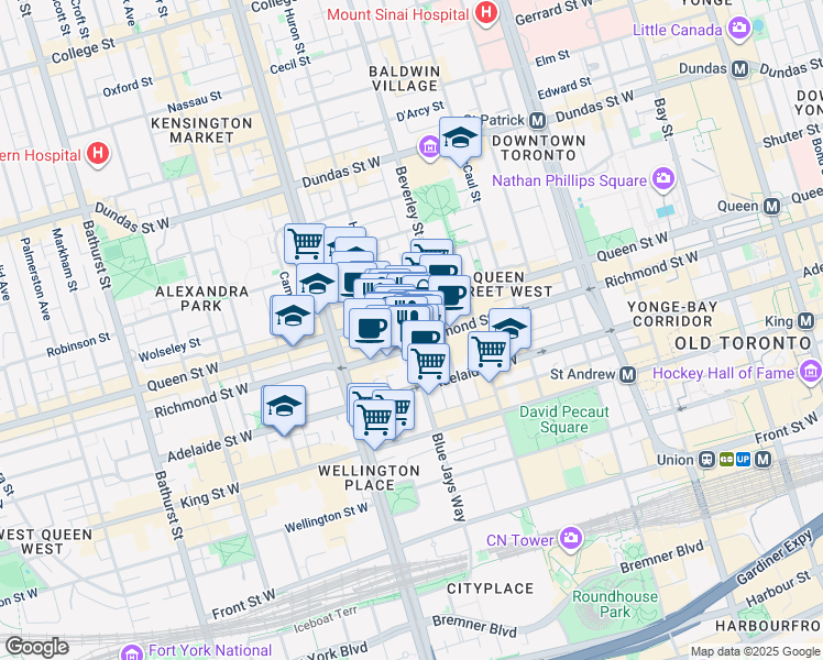 map of restaurants, bars, coffee shops, grocery stores, and more near 125 Peter Street in Toronto