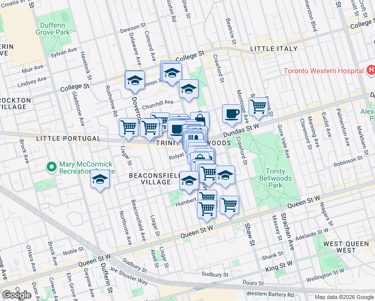 map of restaurants, bars, coffee shops, grocery stores, and more near 6 Rolyat Street in Toronto