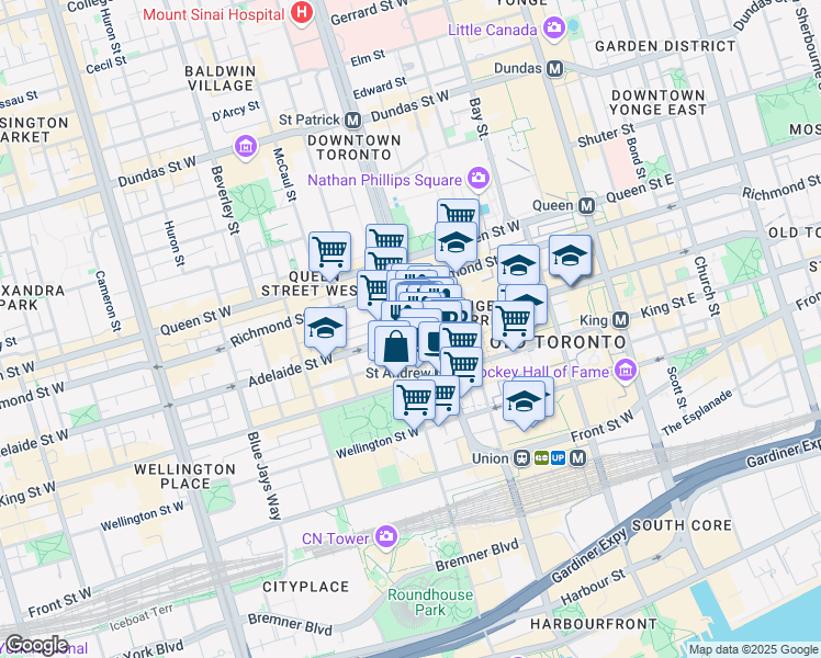 map of restaurants, bars, coffee shops, grocery stores, and more near 170 University Avenue in Toronto