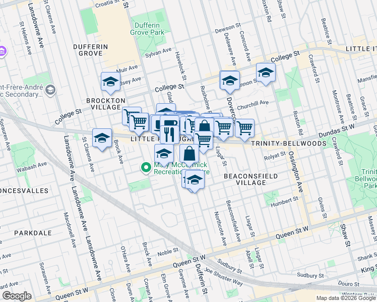 map of restaurants, bars, coffee shops, grocery stores, and more near 24 Collahie Street in Toronto