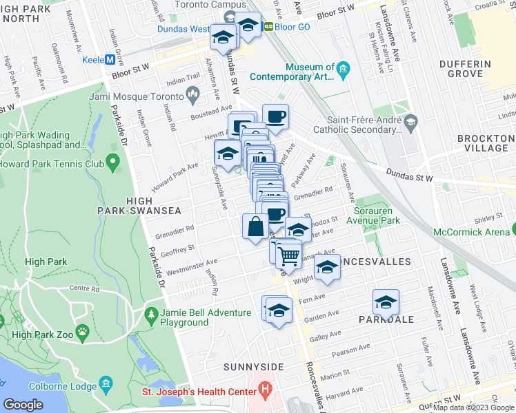 map of restaurants, bars, coffee shops, grocery stores, and more near 110 Grenadier Road in Toronto