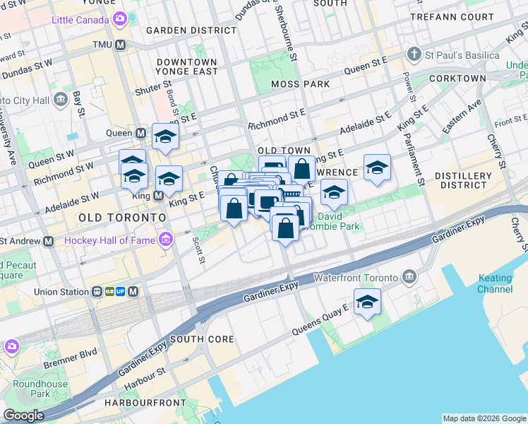 map of restaurants, bars, coffee shops, grocery stores, and more near 93 Front Street East in Toronto