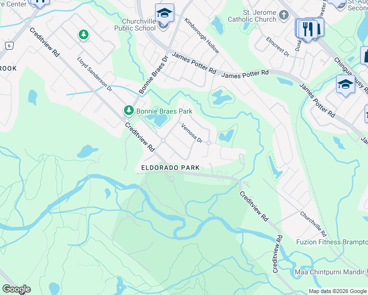 map of restaurants, bars, coffee shops, grocery stores, and more near 13 Lloyd Sanderson Drive in Brampton