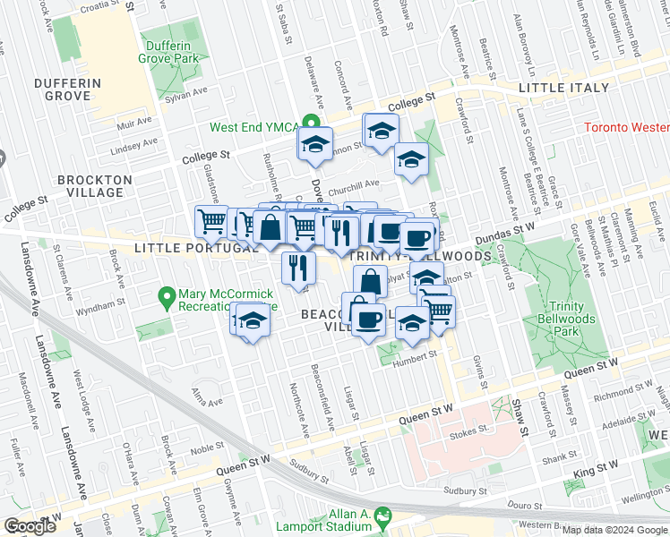 map of restaurants, bars, coffee shops, grocery stores, and more near 274 Dovercourt Road in Toronto