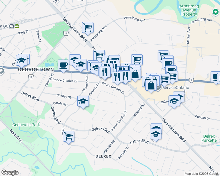 map of restaurants, bars, coffee shops, grocery stores, and more near 90 Prince Charles Drive in Halton Hills