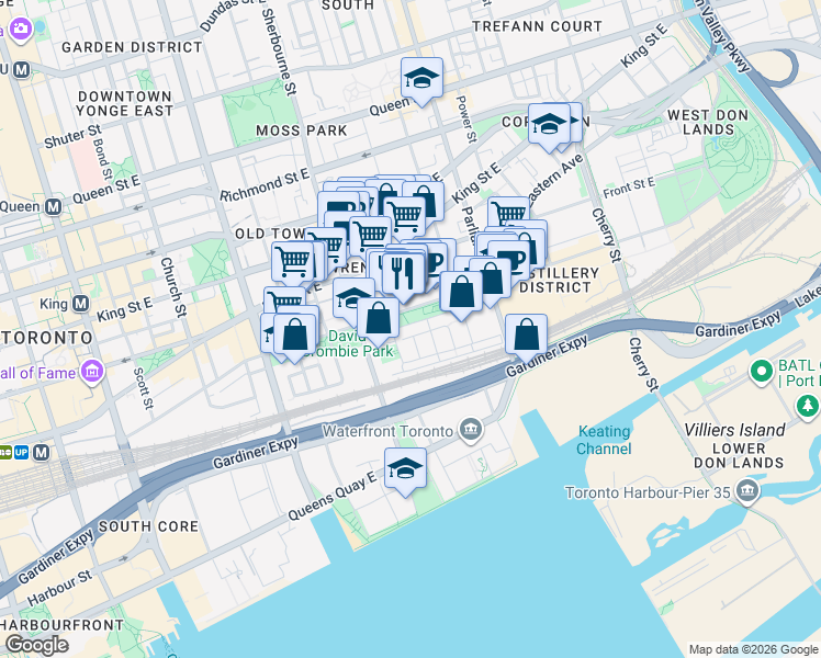 map of restaurants, bars, coffee shops, grocery stores, and more near 65 Scadding Avenue in Toronto