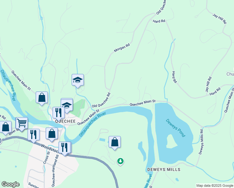 map of restaurants, bars, coffee shops, grocery stores, and more near 1299 Quechee Main Street in Hartford