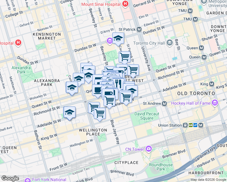 map of restaurants, bars, coffee shops, grocery stores, and more near 318 Richmond Street West in Toronto