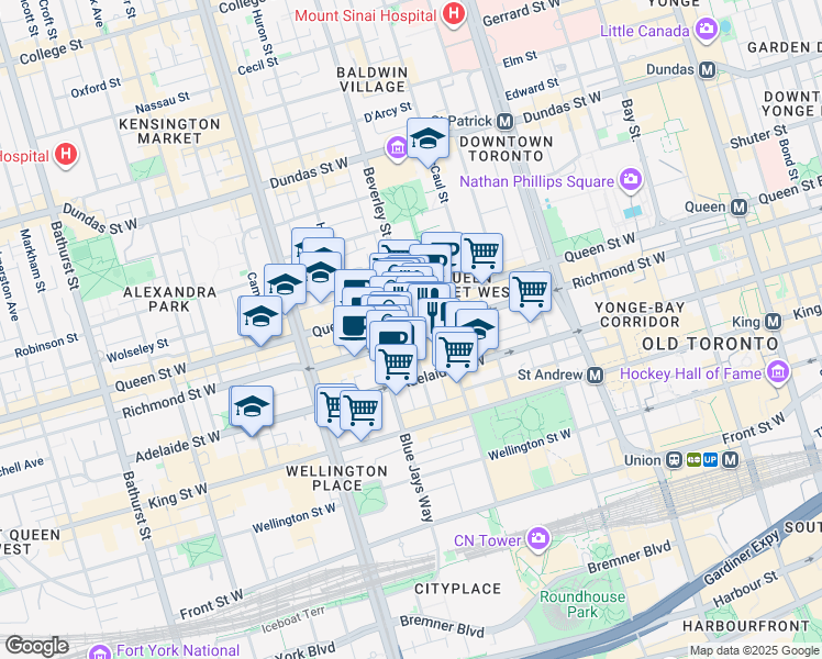 map of restaurants, bars, coffee shops, grocery stores, and more near 318 Richmond Street West in Toronto