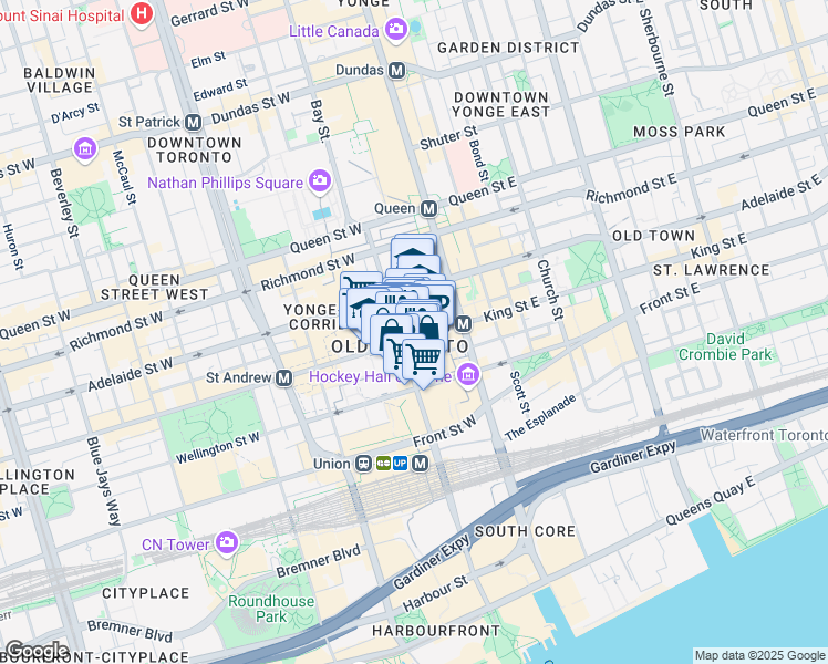 map of restaurants, bars, coffee shops, grocery stores, and more near 44 King Street West in Toronto