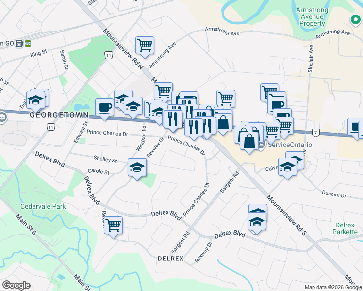 map of restaurants, bars, coffee shops, grocery stores, and more near 76 McIntyre Crescent in Halton Hills