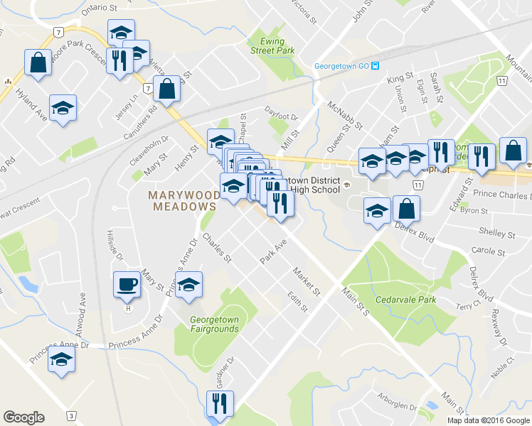 map of restaurants, bars, coffee shops, grocery stores, and more near 108 Main Street South in Halton Hills