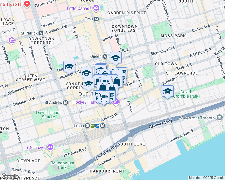 map of restaurants, bars, coffee shops, grocery stores, and more near 1 King Street West in Toronto