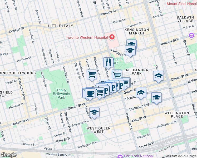 map of restaurants, bars, coffee shops, grocery stores, and more near in Toronto