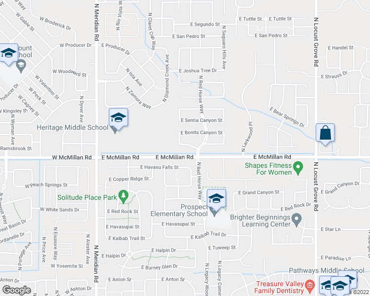 map of restaurants, bars, coffee shops, grocery stores, and more near 643 East Painted Hills Drive in Meridian