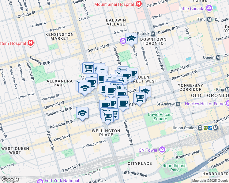 map of restaurants, bars, coffee shops, grocery stores, and more near 375 Queen Street West in Toronto