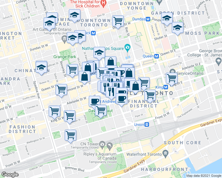 map of restaurants, bars, coffee shops, grocery stores, and more near 180 University Avenue in Toronto