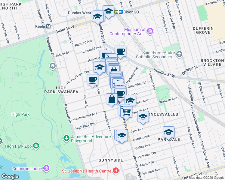 map of restaurants, bars, coffee shops, grocery stores, and more near 294 Roncesvalles Avenue in Toronto