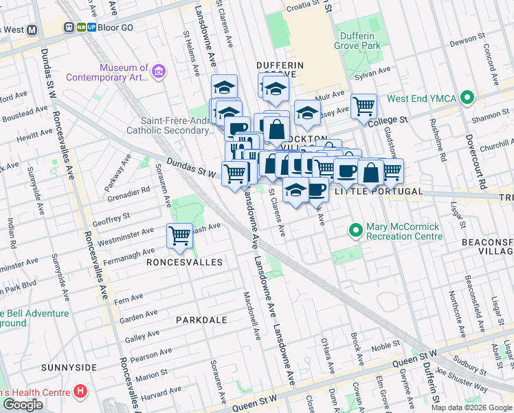 map of restaurants, bars, coffee shops, grocery stores, and more near 247 Lansdowne Avenue in Toronto