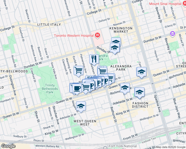 map of restaurants, bars, coffee shops, grocery stores, and more near 56 Markham Street in Toronto