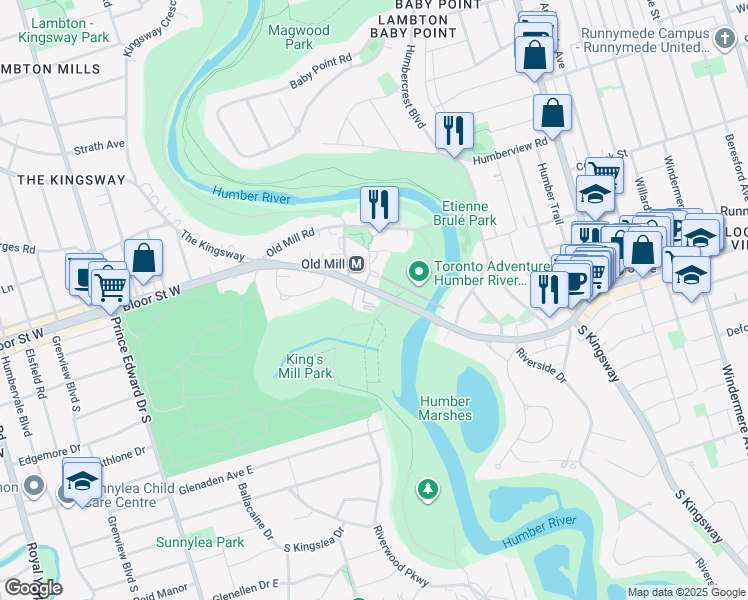 map of restaurants, bars, coffee shops, grocery stores, and more near 2645 Bloor Street West in Toronto