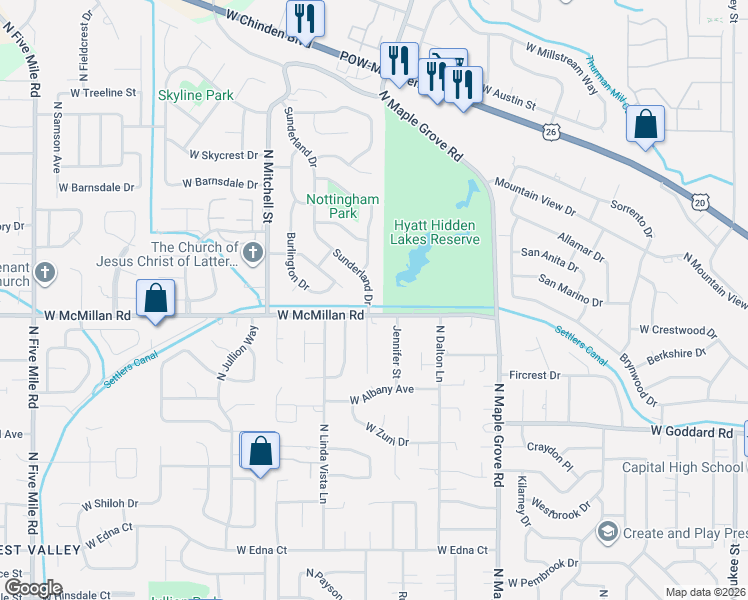 map of restaurants, bars, coffee shops, grocery stores, and more near 4810 Sunderland Drive in Boise