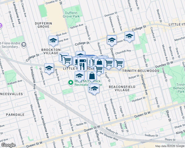 map of restaurants, bars, coffee shops, grocery stores, and more near 24 Collahie Street in Toronto