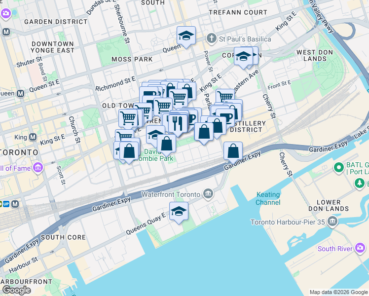 map of restaurants, bars, coffee shops, grocery stores, and more near 65 Scadding Avenue in Toronto