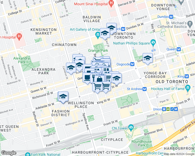 map of restaurants, bars, coffee shops, grocery stores, and more near in Toronto