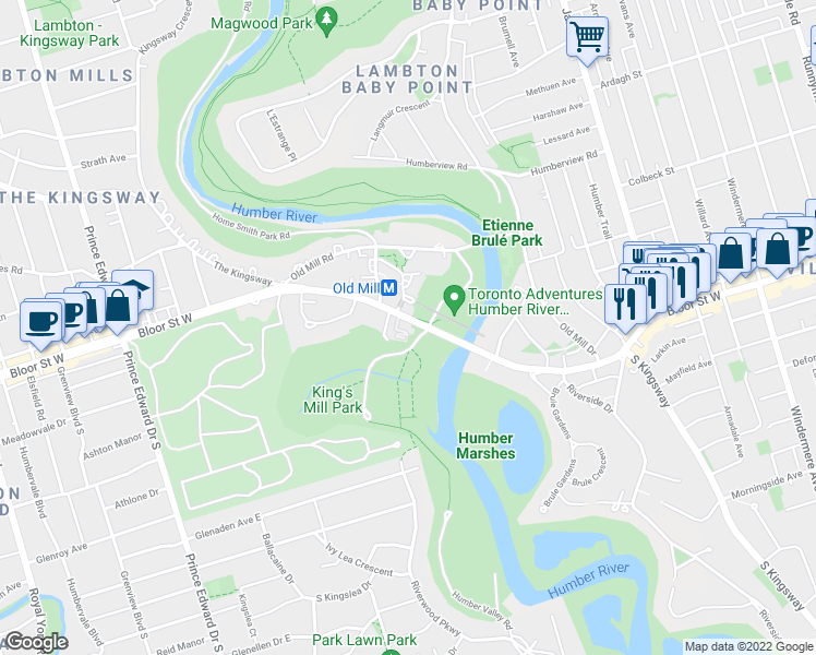 map of restaurants, bars, coffee shops, grocery stores, and more near 2645 Bloor Street West in Toronto