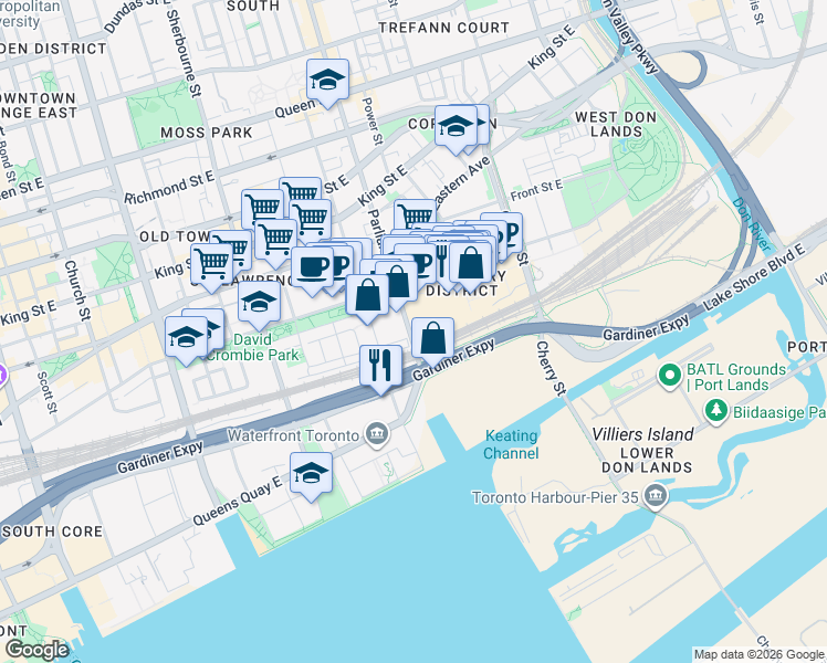 map of restaurants, bars, coffee shops, grocery stores, and more near 35 Parliament Street in Toronto