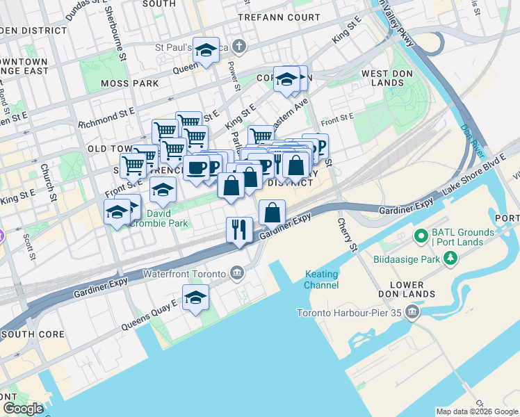 map of restaurants, bars, coffee shops, grocery stores, and more near 131 Longboat Avenue in Toronto