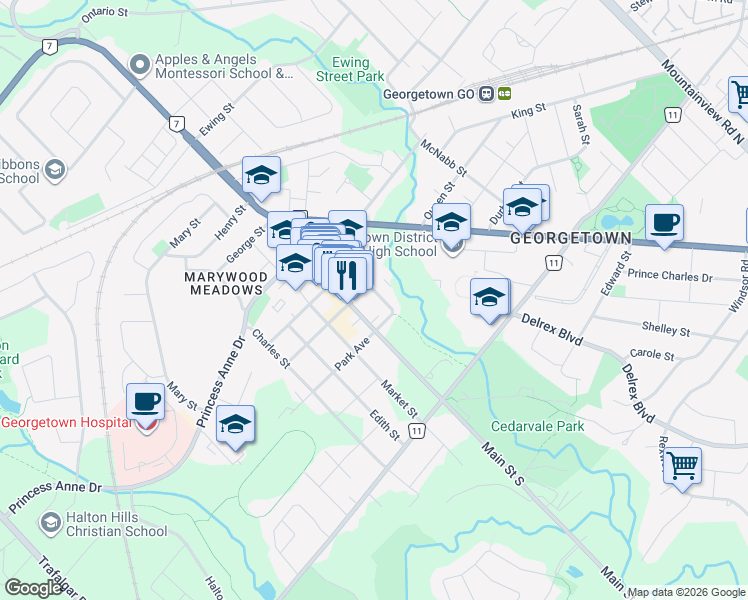 map of restaurants, bars, coffee shops, grocery stores, and more near 49 Park Avenue in Halton Hills