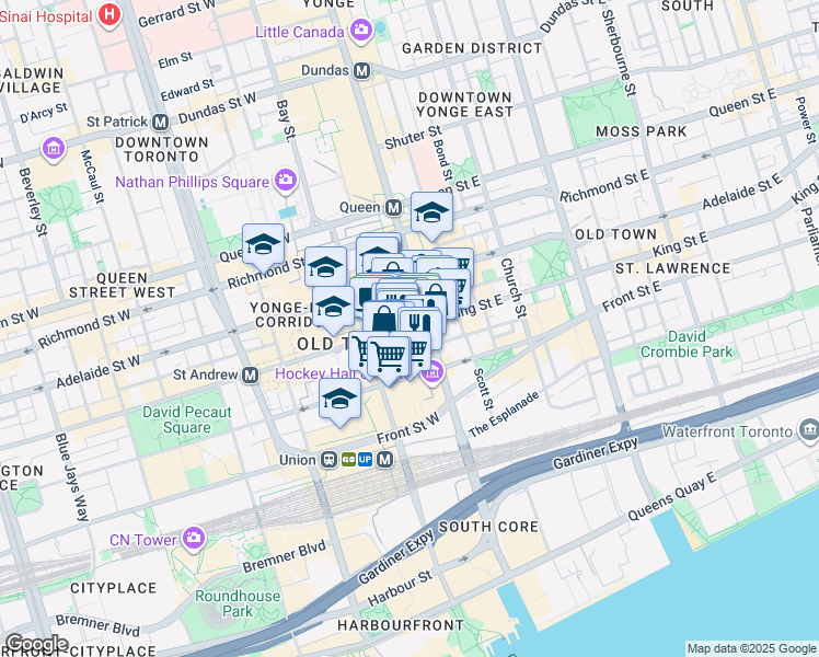 map of restaurants, bars, coffee shops, grocery stores, and more near 7 King Street West in Toronto