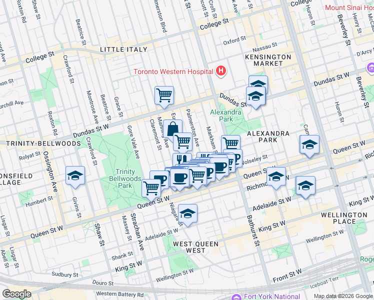 map of restaurants, bars, coffee shops, grocery stores, and more near 91 Euclid Avenue in Toronto