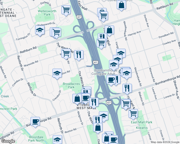 map of restaurants, bars, coffee shops, grocery stores, and more near 66 Permfield Path in Toronto