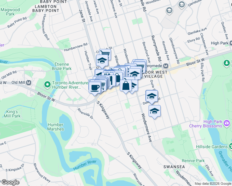 map of restaurants, bars, coffee shops, grocery stores, and more near 2 Larkin Avenue in Toronto