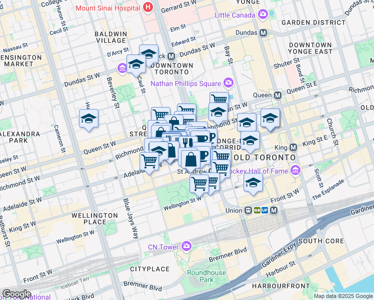 map of restaurants, bars, coffee shops, grocery stores, and more near 212A Adelaide Street West in Toronto