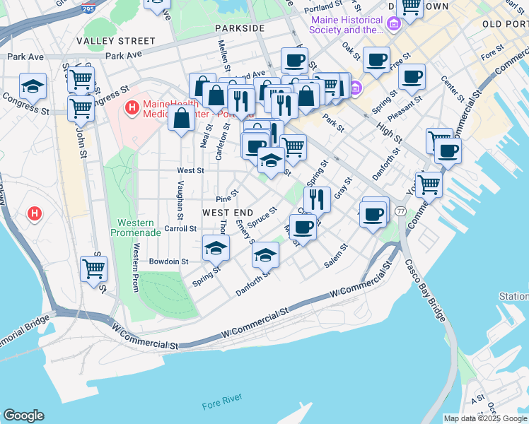 map of restaurants, bars, coffee shops, grocery stores, and more near 59 Spruce Street in Portland